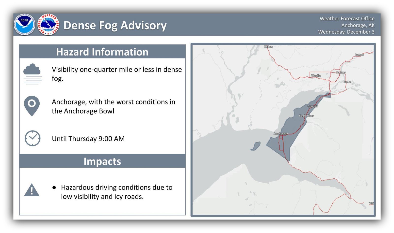 Dense Fog Advisory in Effect for Anchorage Through Thursday Morning