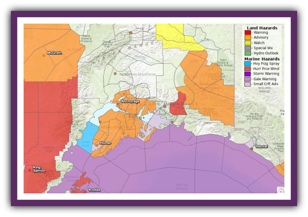 National Weather Service advisory map highlighting Southcentral Alaska under a Severe Cold Weather Advisory, with dangerously low temperatures and wind chills impacting travel across major highways and surrounding communities.