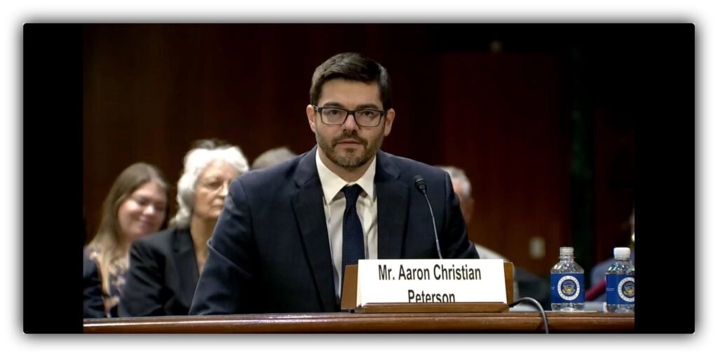 Aaron C. Peterson pictured during Senate questioning ahead of his confirmation as U.S. District Judge for Alaska. Screenshot from U.S. Senate video.