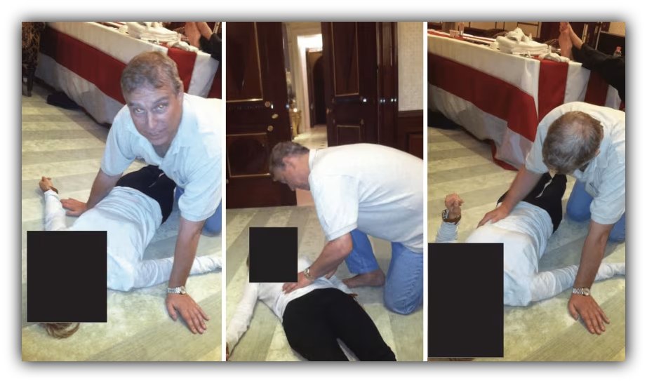 Andrew Mountbatten-Windsor appears on all fours beside a redacted female figure in images released by the U.S. Department of Justice as part of materials related to the Jeffrey Epstein investigation. Credit: U.S. Department of Justice